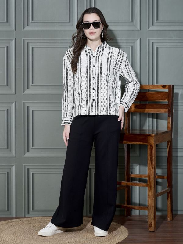 Crochet Stripe Cotton-Viscose Shirt for Women - White