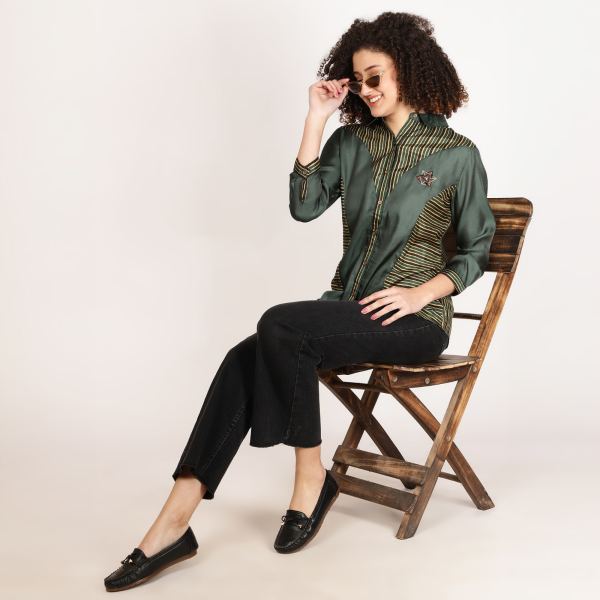 Twilight Crystal Swarovski Embellished Shirt for Women - Green