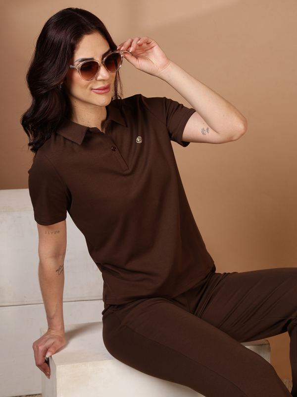 Active-Classic Ribbed Polo T-Shirt for Women - Coffee