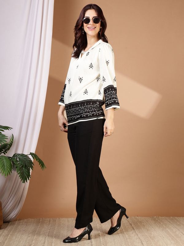 Indigo Iris Pleated Top with Pearl Neckline for Women - White & Black Print