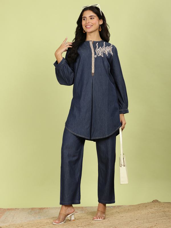 Meraki Embroidered Indigo Cotton-Denim Co-ord Set for Women - Dark Blue