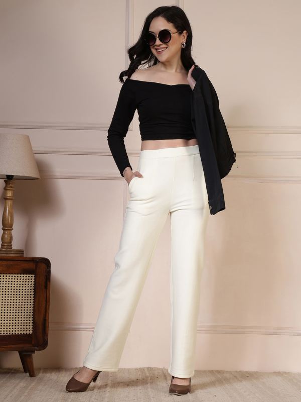 Fleece-Lined Wide-Leg Winter Pants for Women - Off White (FLC-WL)