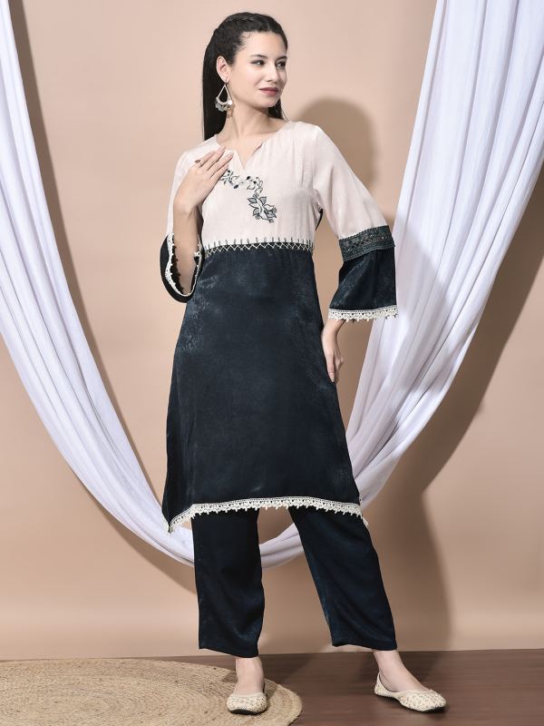 NoorVelvet Light Velvet Co-ord Set for Women - Bottle Green