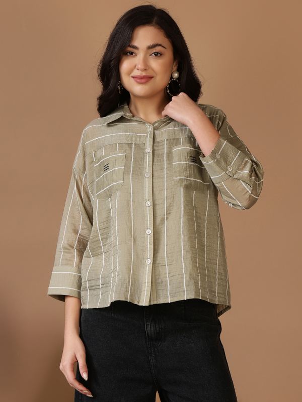 The Luminous Striped Shine Slub Shirt for Women - Pista