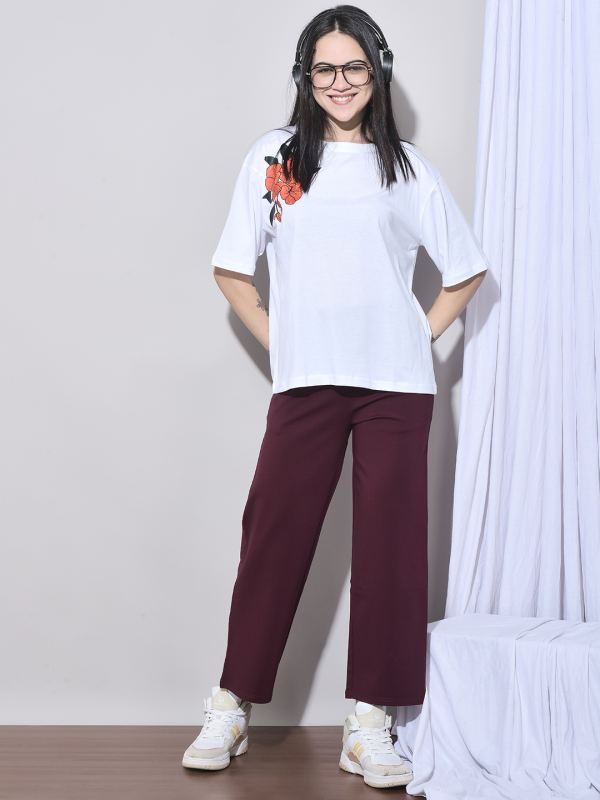 Blossom and Shine Floral Print Oversized T-Shirt for Women - White with Orange Flower