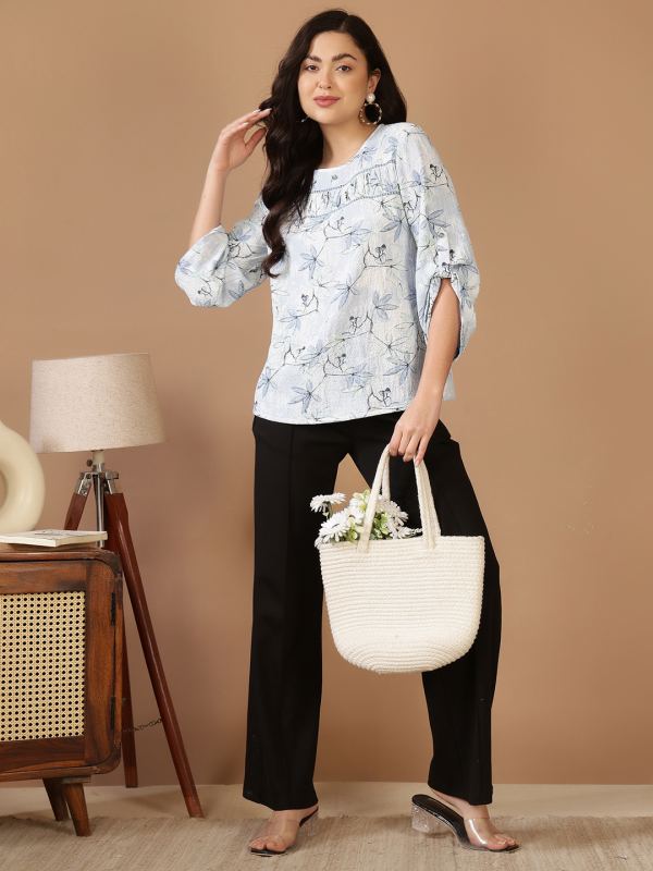The Pastel Poetry Pleated Yoke Top for Women - Sky Blue