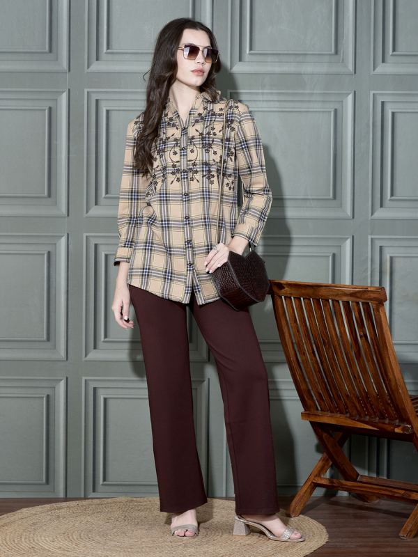 Embroidered Plaid Check Tunic Shirt for Women - Beige