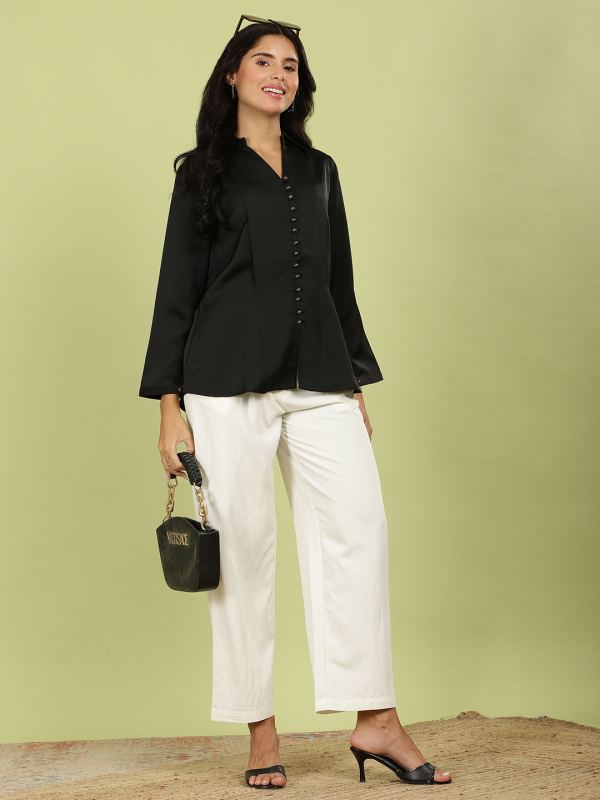 Midnight Luxe Satin Tunic Shirt for Women - Black