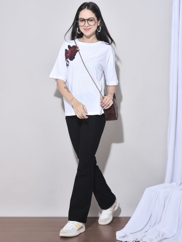 Blossom and Shine Floral Print Oversized T-Shirt for Women - White with Red Flower