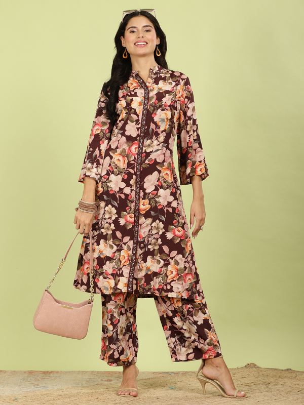Breezy Blossom Tiered Co-ord Set for Women - Maroon Floral