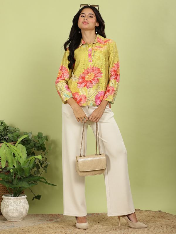 Bloom Floral Print Textured Top for Women - Lemon
