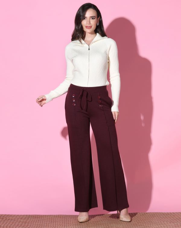 Wide-Leg Cropped Stretch Trousers for Women - Wine (WL-125)