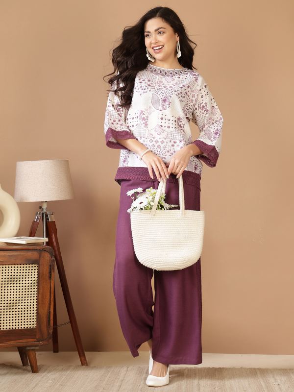 The Mulberry Mosaic Embroidered Linen-Blend Co-ord Set for Women - White & Purple Print