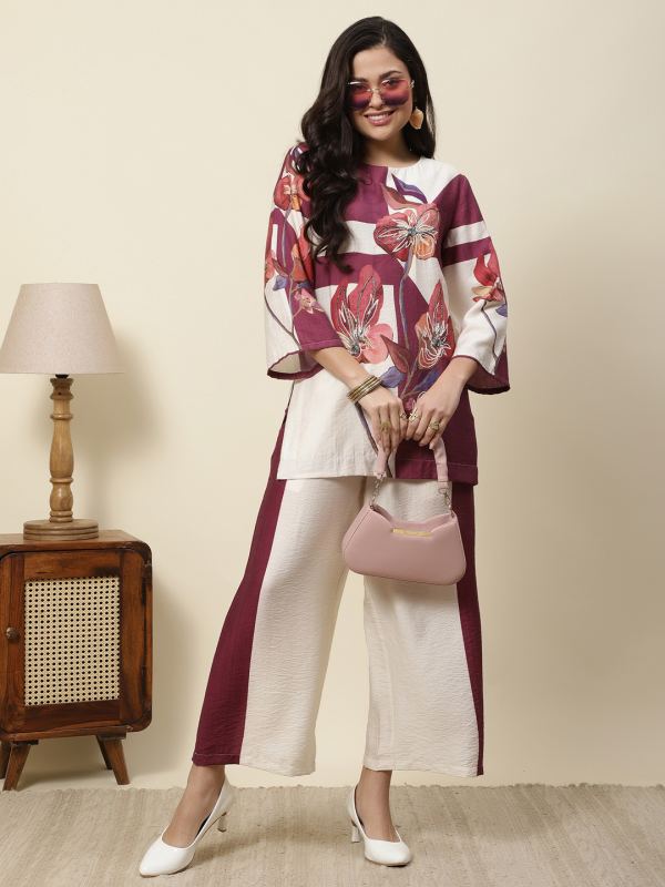Floral Muse Hand-Embroidered Muslin Co-ord Set for Women - Purple