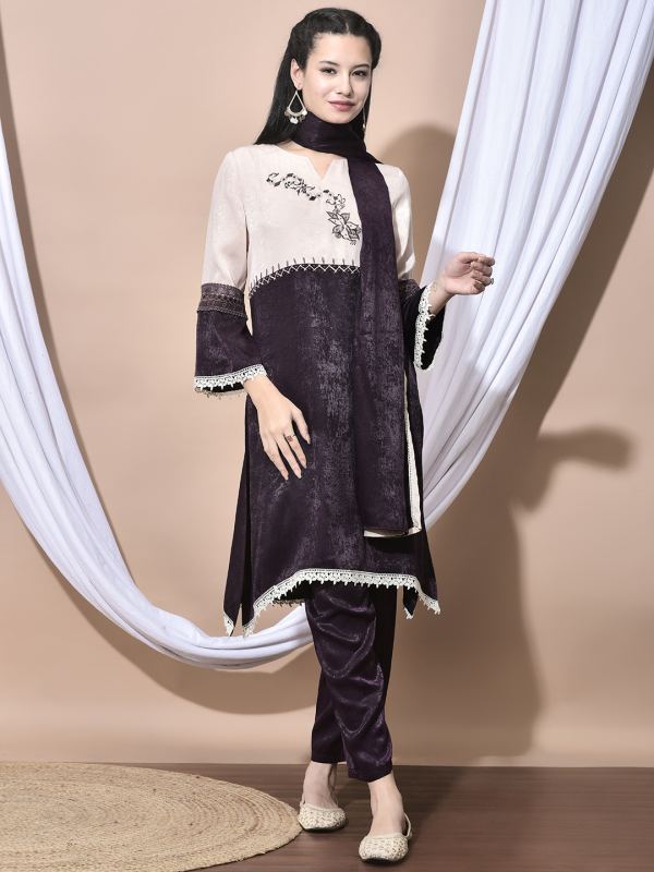 NoorVelvet Handwork 3-Piece Velvet Set for Women - Wine