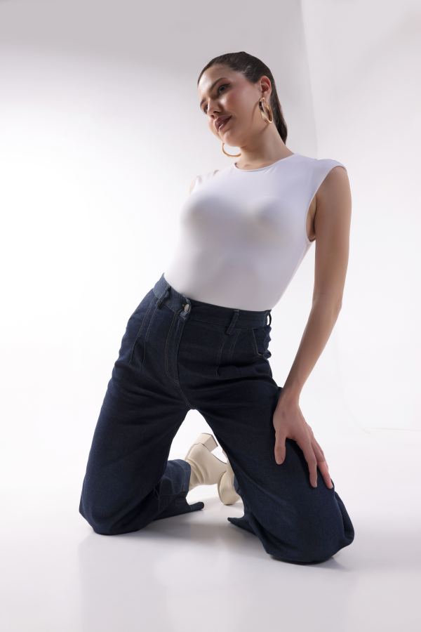 Indigo Cotton Tailored Wide-Leg Trousers for Women - Dark Blue (DNM-CP)