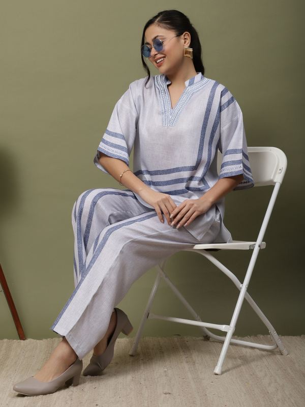 Dusty Rose Sequin Embroidered Linen Co-ord Set for Women - Grey