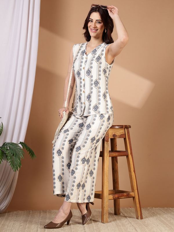 The Odyssey Printed Waistcoat Co-ord Set for Women - White & Navy Print