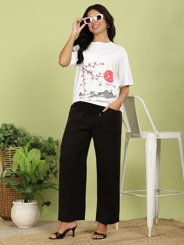 Linen-Viscose Balloon-Fit Trousers for Women - Black (TLV-167)