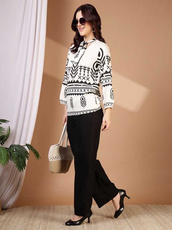 Terracotta Tie-Neck Printed Top for Women - White & Black Print