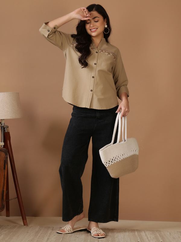 The Artisanal Embroidered Cotton Shirt for Women - Beige