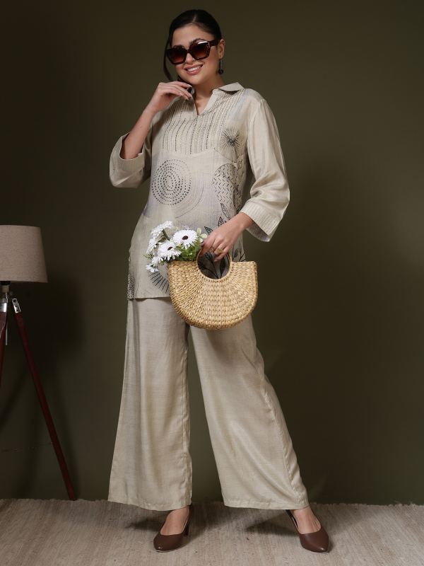 The Modernist Printed Muslin Co-ord Set for Women - Beige