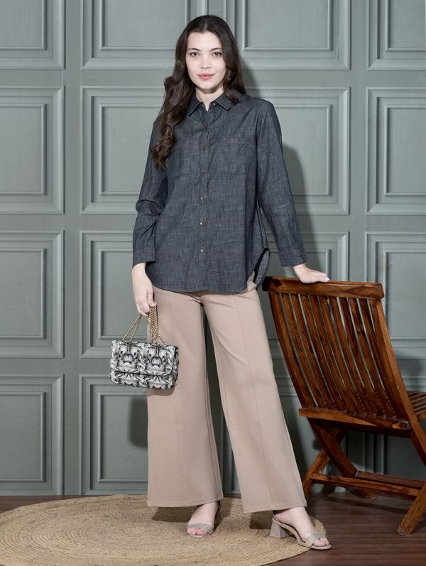 Classic Denim-Look Cotton Shirt for Women - Grey