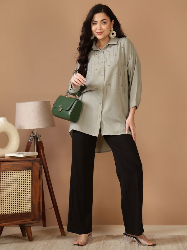 The Peony Dew Beaded Tunic for Women - Pista