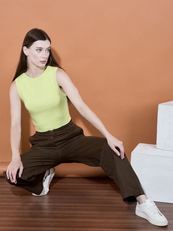 Cotton Denim Wide-Leg Trousers for Women - Brown (PYJ-13)
