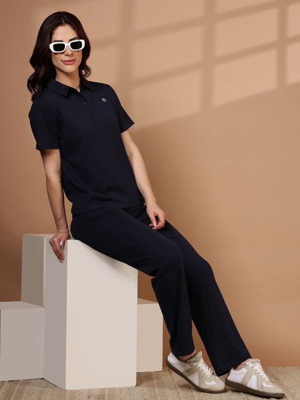 Active-Classic Ribbed Polo T-Shirt for Women - Navy Blue