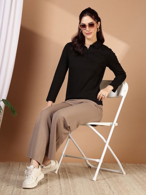 The Essential Ribbed Polo T-Shirt for Women - Black