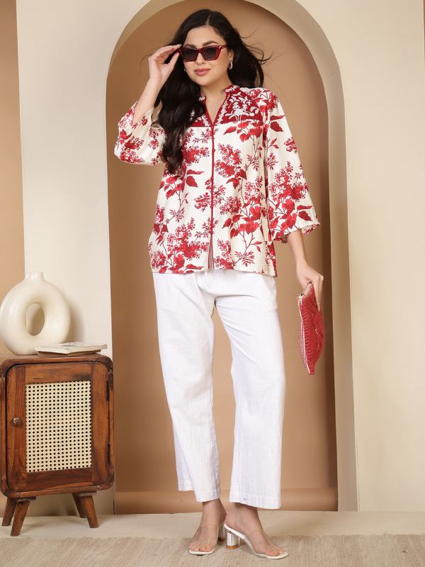 The Sapphire Sketch Embroidered Top for Women - White & Red Floral