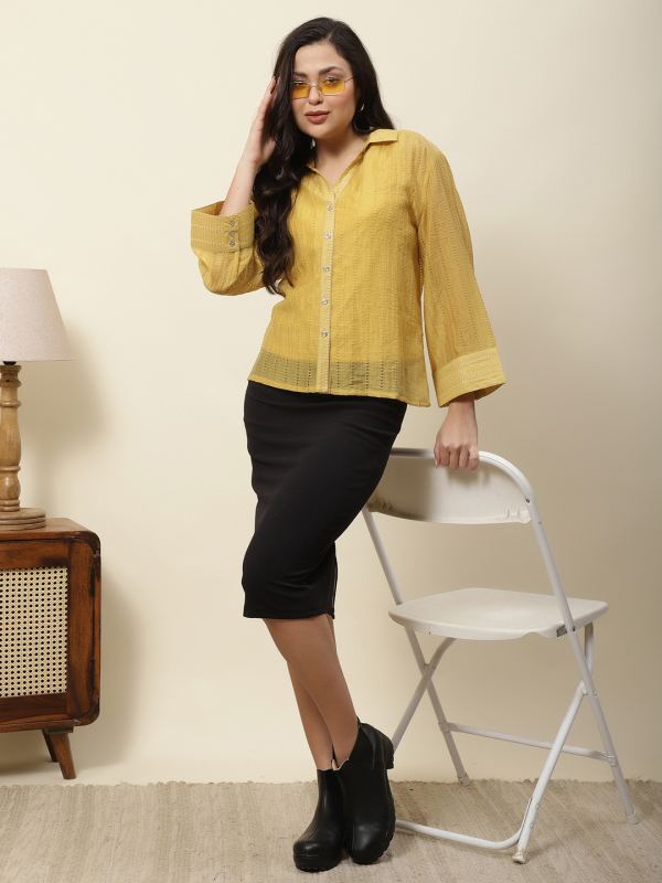 Linear Glow Textured Oversized Shirt for Women - Mustard