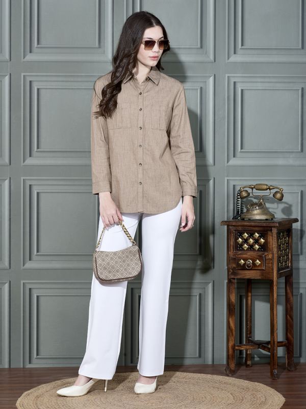 Classic Denim-Look Cotton Shirt for Women - Beige