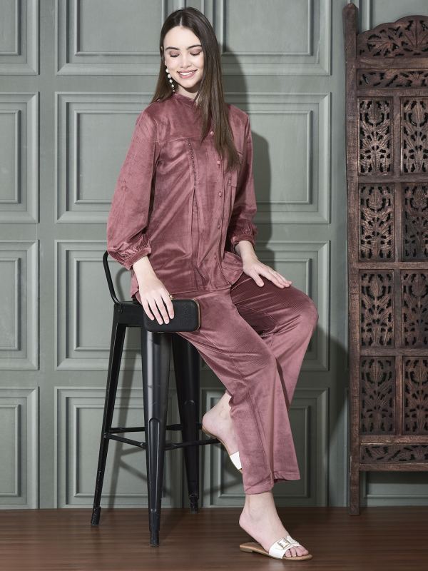 Gemstone Grid Embellished Velvet Corduroy Co-ord Set for Women - Mauve