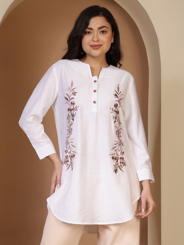 The Ivory Flora Hand-Embroidered Tunic for Women - White with Beige Embroidery