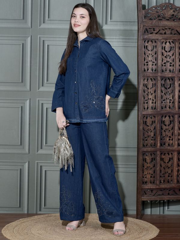 Indigo Sparkle Swarovski Cotton Co-ord Set for Women - Dark Blue