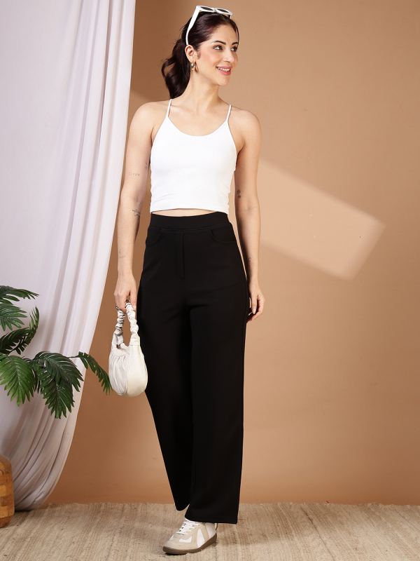 Modal Stretch High-Rise Wide-Leg Trousers for Women - Black (MN-WL)