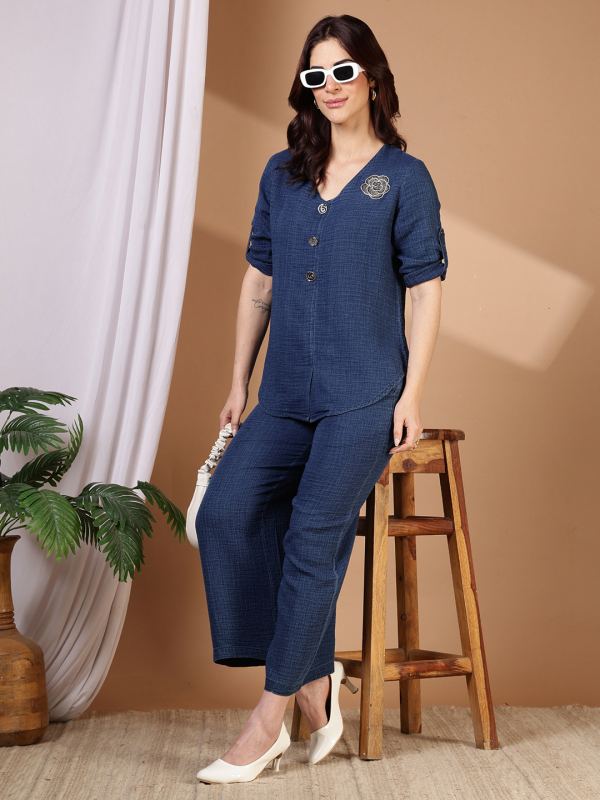 Denim Dreams Indigo Cotton Co-ord Set for Women - Dark Blue