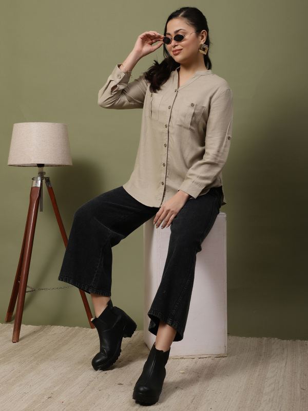 Linen-Luxe Mandarin Collar Button-Up Shirt for Women - Beige