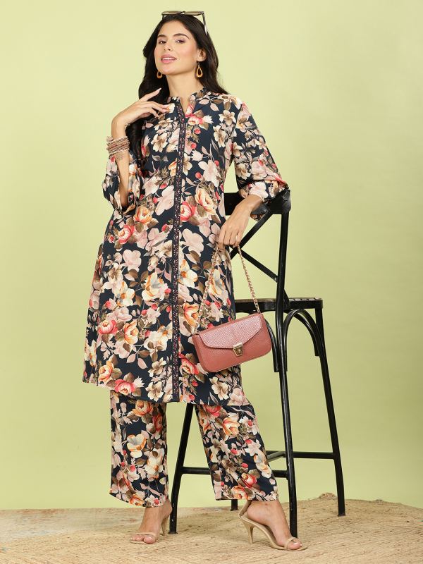 Breezy Blossom Tiered Co-ord Set for Women - Black Floral