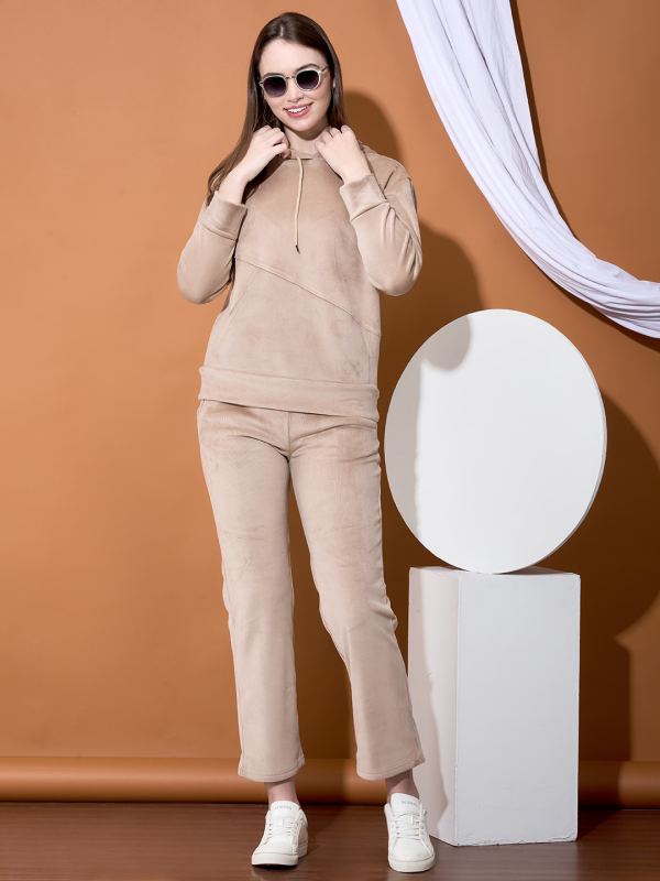 SoftVel Warmth Velvet Corduroy Hooded Co-ord Set for Women - Beige