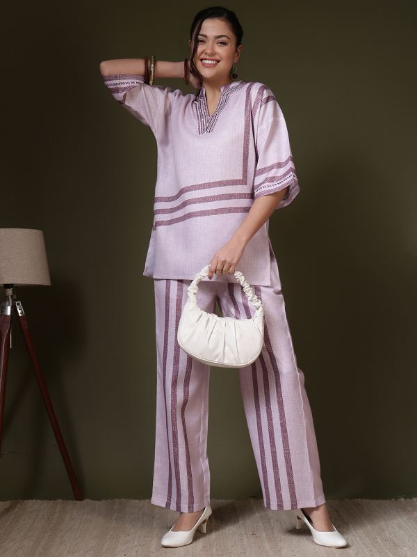 Dusty Rose Sequin Embroidered Linen Co-ord Set for Women - Pink