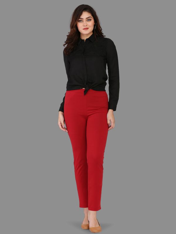 Stylo Slim-Straight Cotton Stretch Pants for Women - Maroon