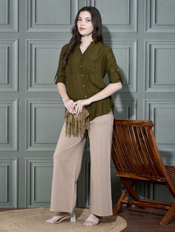 Textured Roll-Up Sleeve Tunic Shirt for Women - Olive
