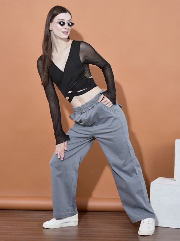 Stretch Denim Wide-Leg Trousers for Women - Grey (PYJ-16)