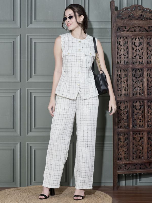 Luxe Tweed Waistcoat Co-ord Set for Women - White