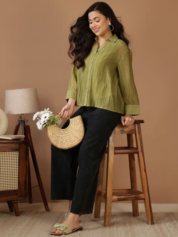 Linear Glow Textured Oversized Shirt for Women - Green