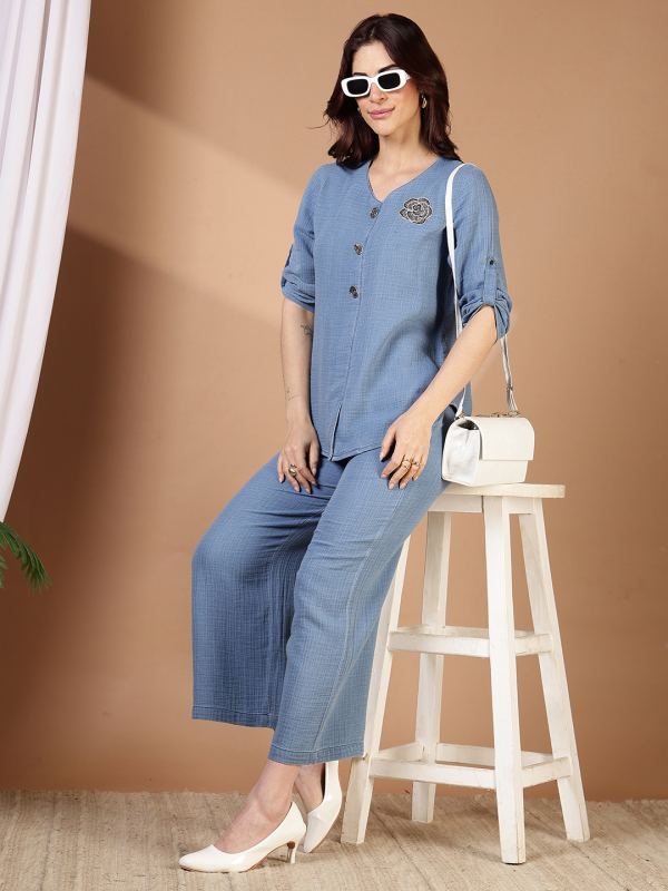 Denim Dreams Indigo Cotton Co-ord Set for Women - Light Blue