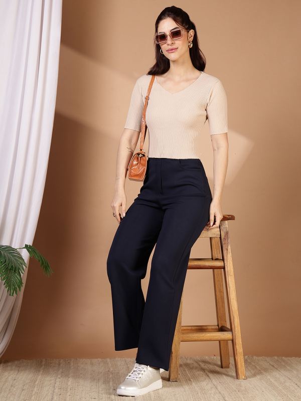 Modal Stretch High-Rise Wide-Leg Trousers for Women - Navy Blue (MN-WL)